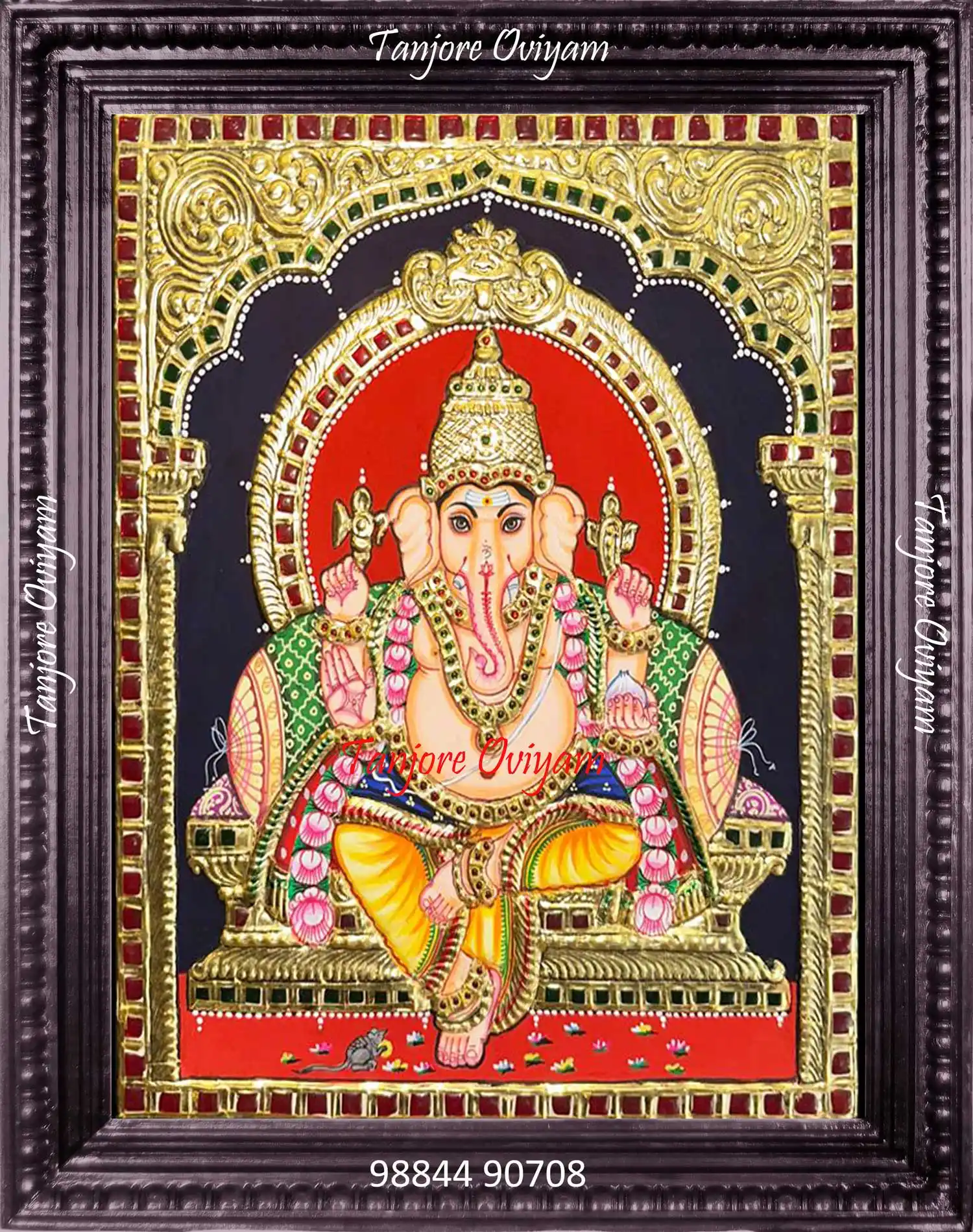 Lord Ganesha painting in traditional Tanjore style with gold foil work and classic Thanjavur craftsmanship